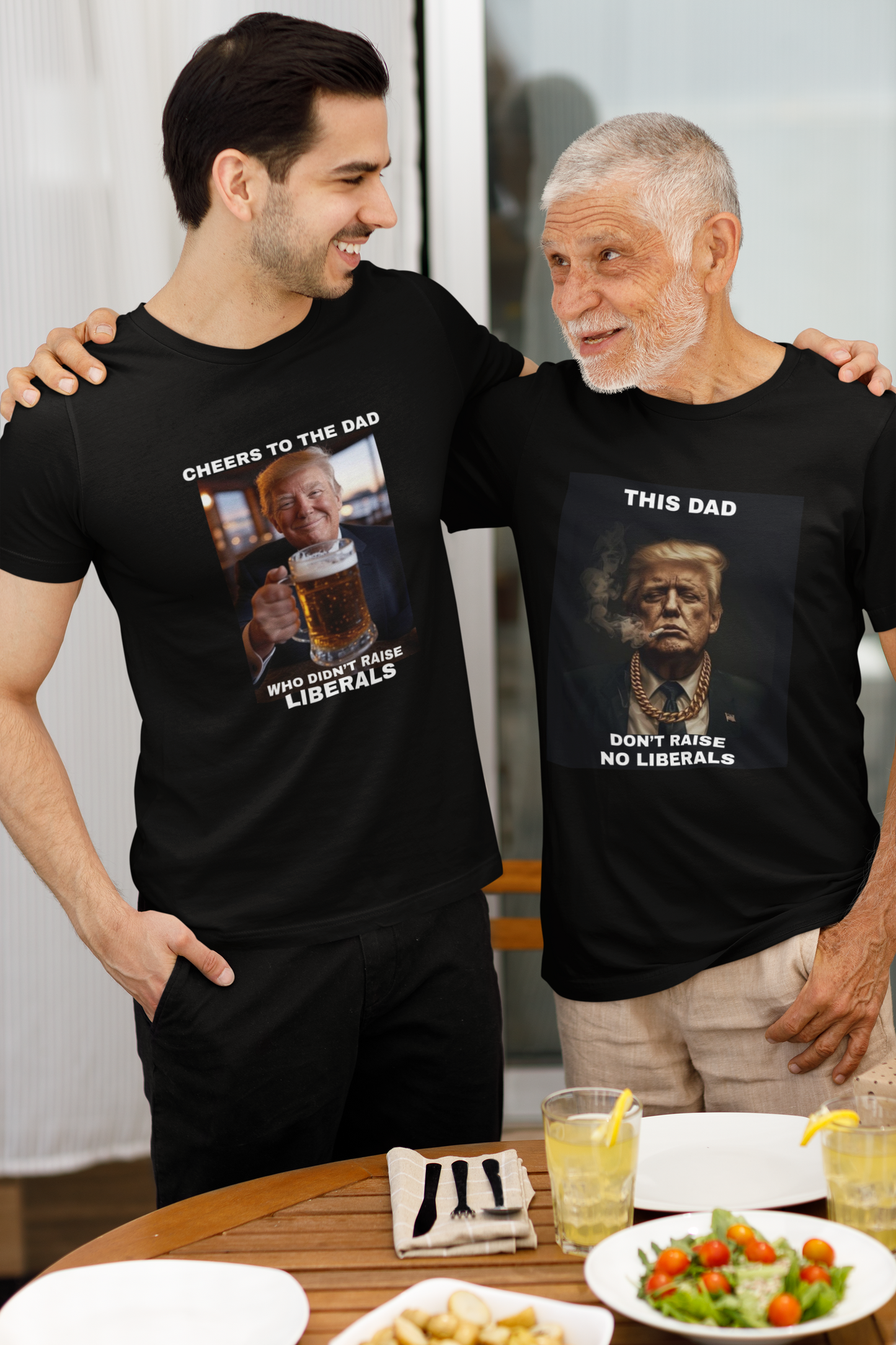 "This Dad Don’t Raise No Liberals" Funny Donald Trump T-Shirt – Gold Chain, Cigarette, Boss Look – Bold Conservative Father’s Day Gift