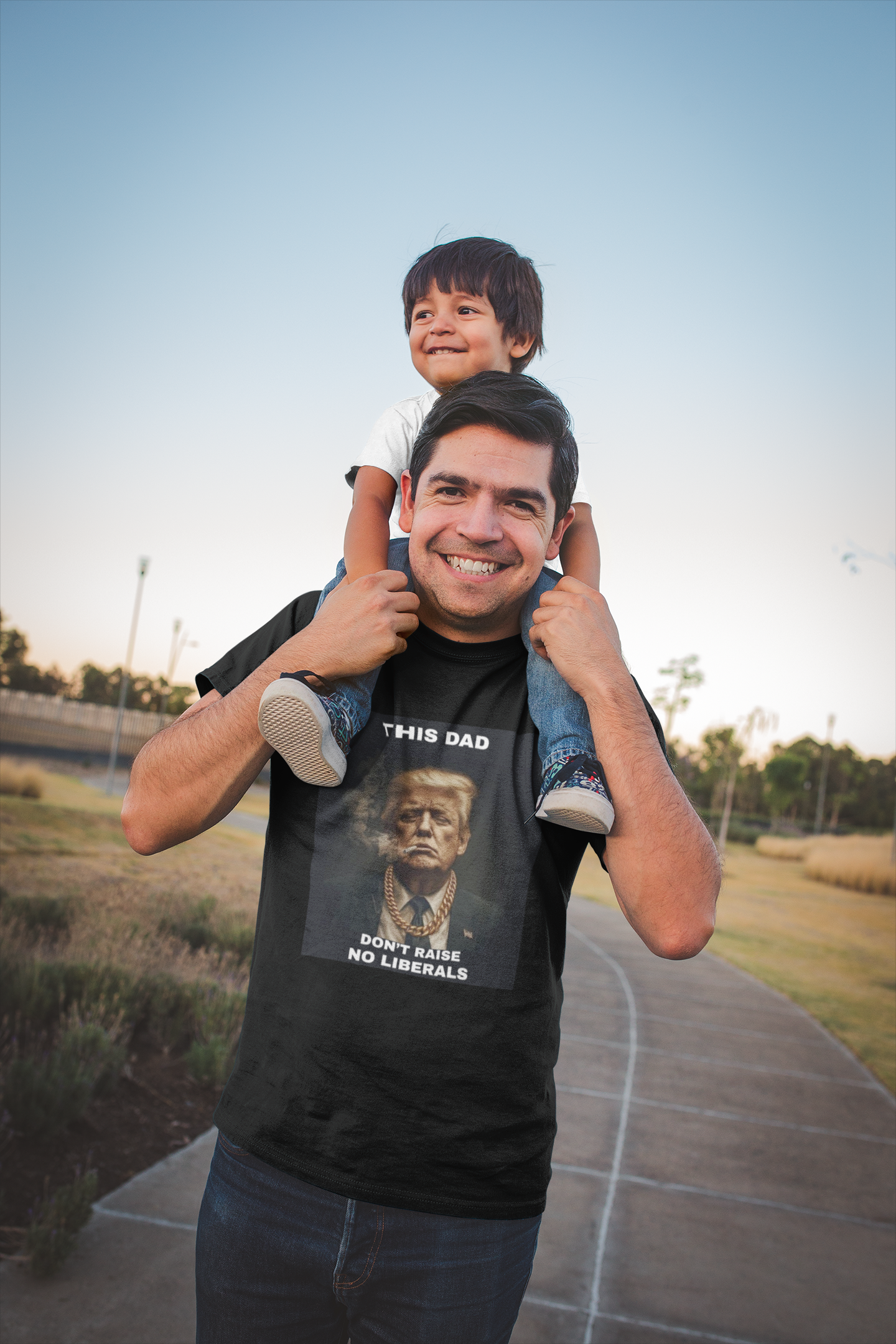 "This Dad Don’t Raise No Liberals" Funny Donald Trump T-Shirt – Gold Chain, Cigarette, Boss Look – Bold Conservative Father’s Day Gift