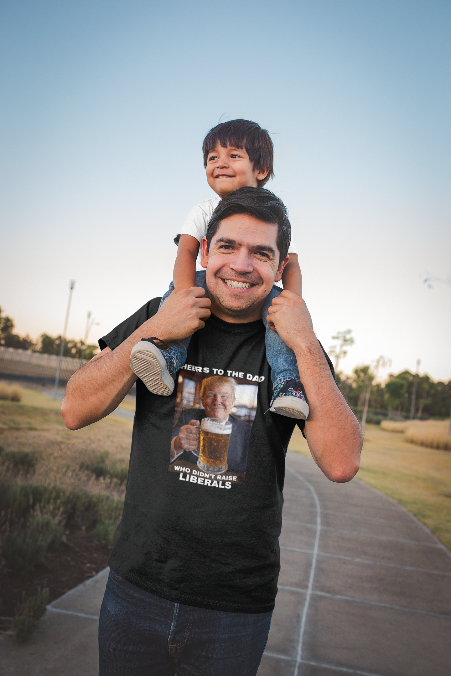 "Cheers To The Dad Who Didn't Raise Liberals" Funny Donald Trump T-Shirt – Smug Happy President Trump Cheersing – Bold Conservative Father’s Day Gift