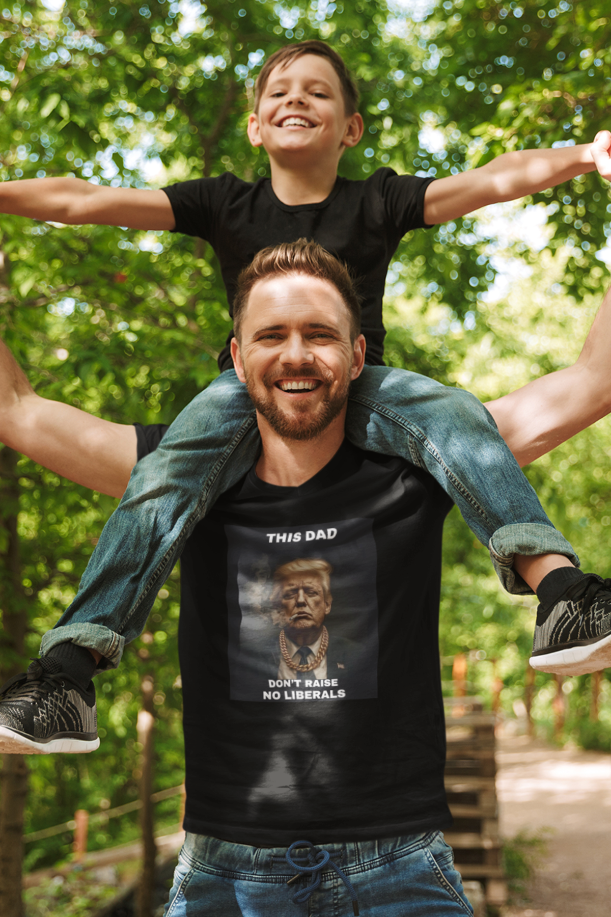 "This Dad Don’t Raise No Liberals" Funny Donald Trump T-Shirt – Gold Chain, Cigarette, Boss Look – Bold Conservative Father’s Day Gift