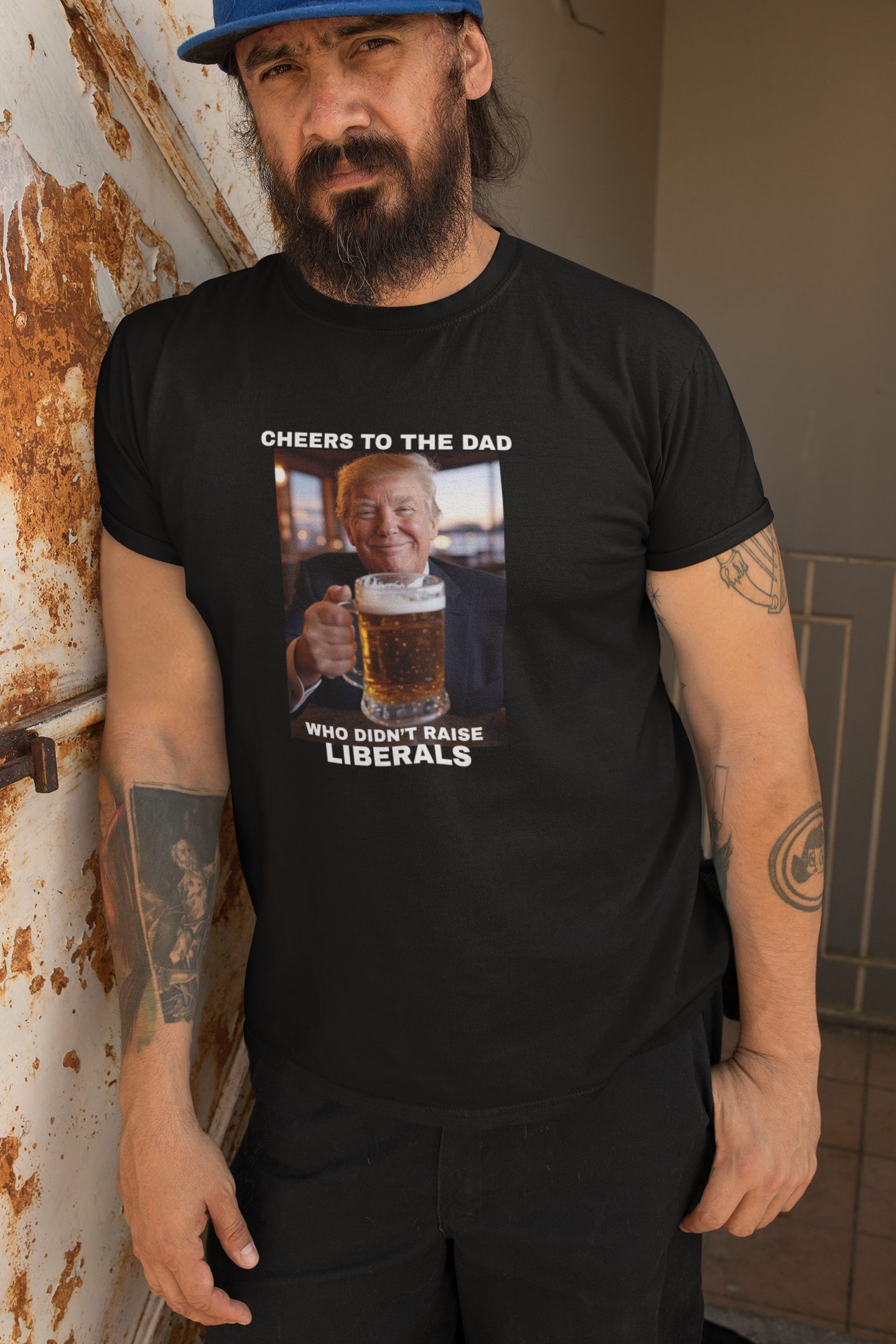 "Cheers To The Dad Who Didn't Raise Liberals" Funny Donald Trump T-Shirt – Smug Happy President Trump Cheersing – Bold Conservative Father’s Day Gift