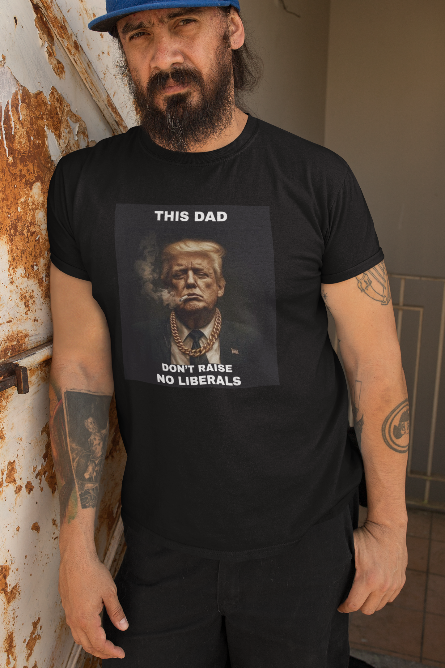 "This Dad Don’t Raise No Liberals" Funny Donald Trump T-Shirt – Gold Chain, Cigarette, Boss Look – Bold Conservative Father’s Day Gift